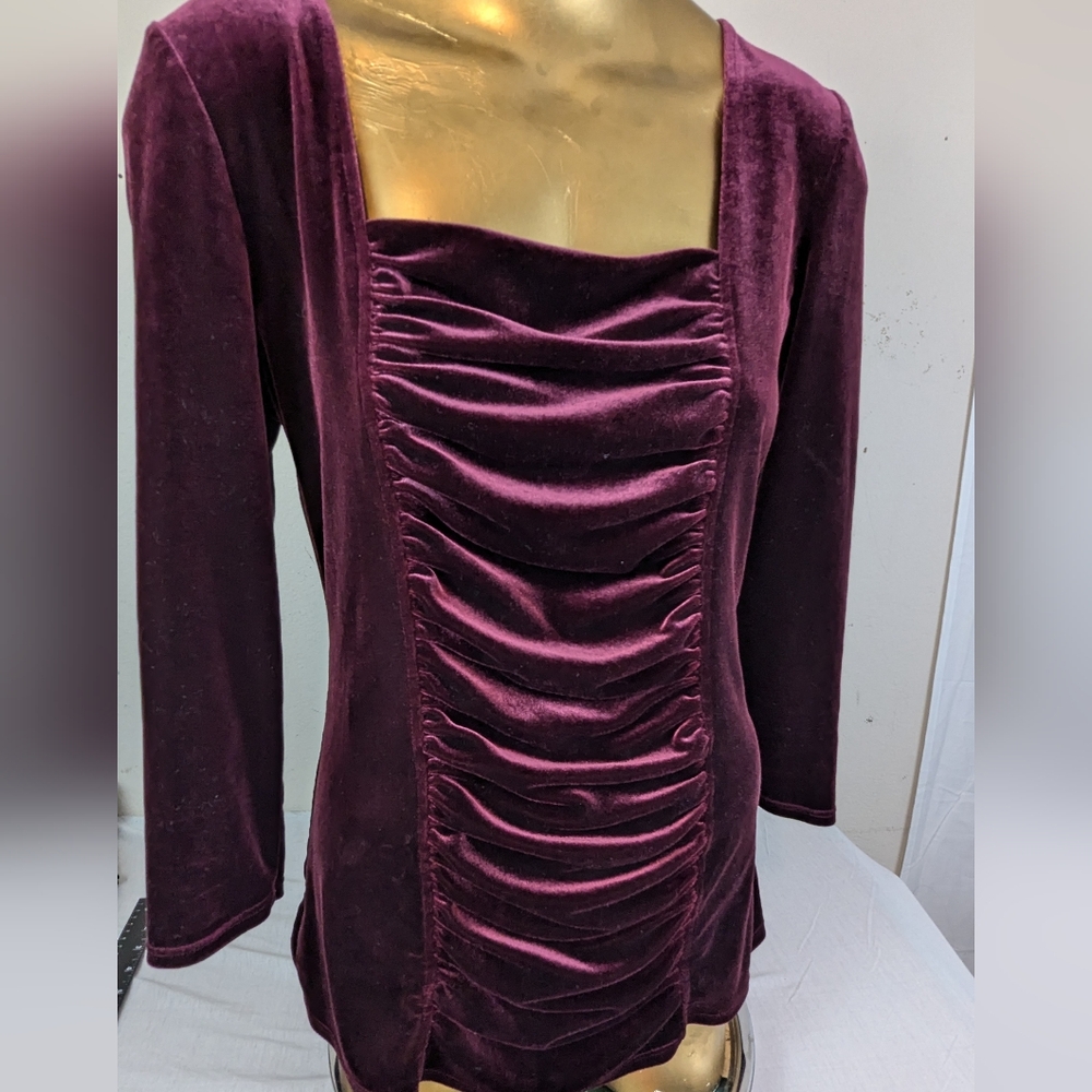 Boston Proper Burgundy Velour Long Sleeve Blouse Flattering Style Size Large